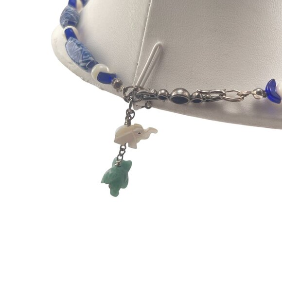 Handcrafted Blue & White Beaded Necklace With Jade Elephant Charm - Picture 10 of 11